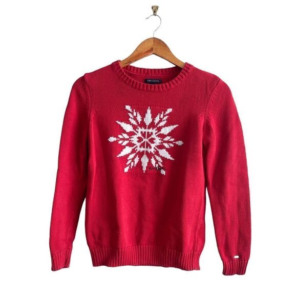 Tommy Hilfiger Sweater Red Crewneck Snowflake Cotton Women's S Long Sleeved - Picture 1 of 7